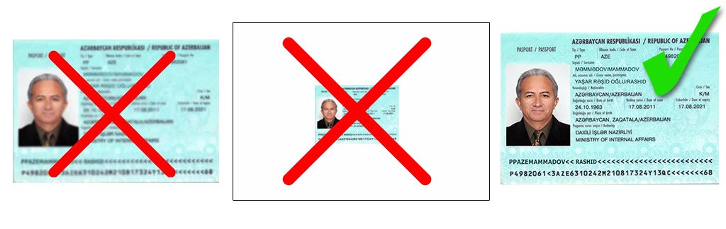 Passport upload examples showing cropped and distant copies as incorrect and a full clear bio page as correct